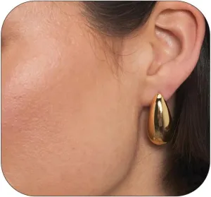 Sterling Silver Post Gold Teardrop Earrings for Women Lightweight Chunky Gold Hoops Hypoallergenic Gold Plated Waterdrop Earrings Trendy Hollow Open Hoops Large Tear Drop Earrings Jewelry