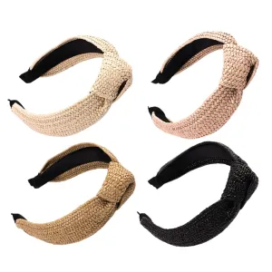 Straw Knotted Headband for Women - 4pcs Straw Hairband Hair Ties Top Knot Headband Summer Beach Headbands - Non Slip Fashion Hair Hoop Solid Hairband for Girls