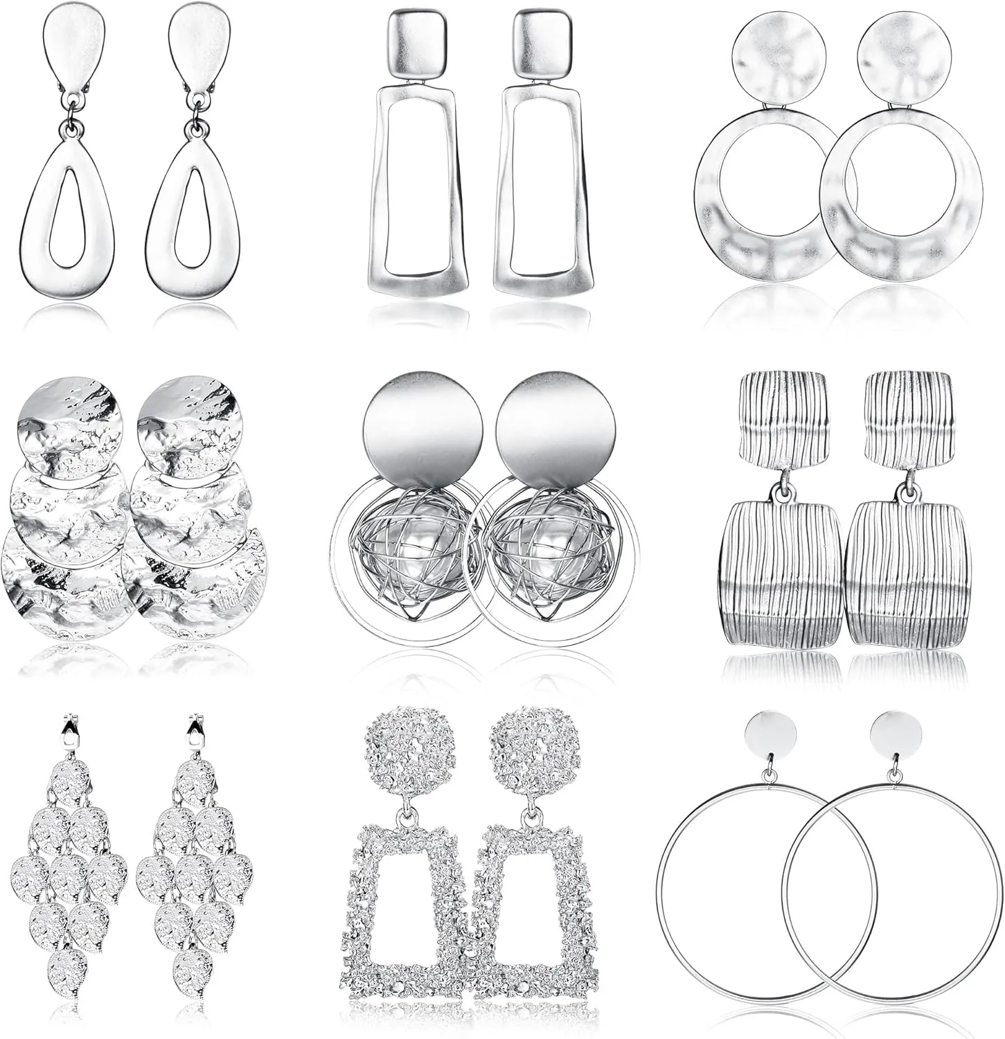 Subiceto 9 Pairs Gold Silver Clip on Earrings for Women Statement Clip On Earrings Large Gold Silver Geometric Clip Earrings Square Rectangle Round Clip Dangle Earrings Non Pierced Earrings Set
