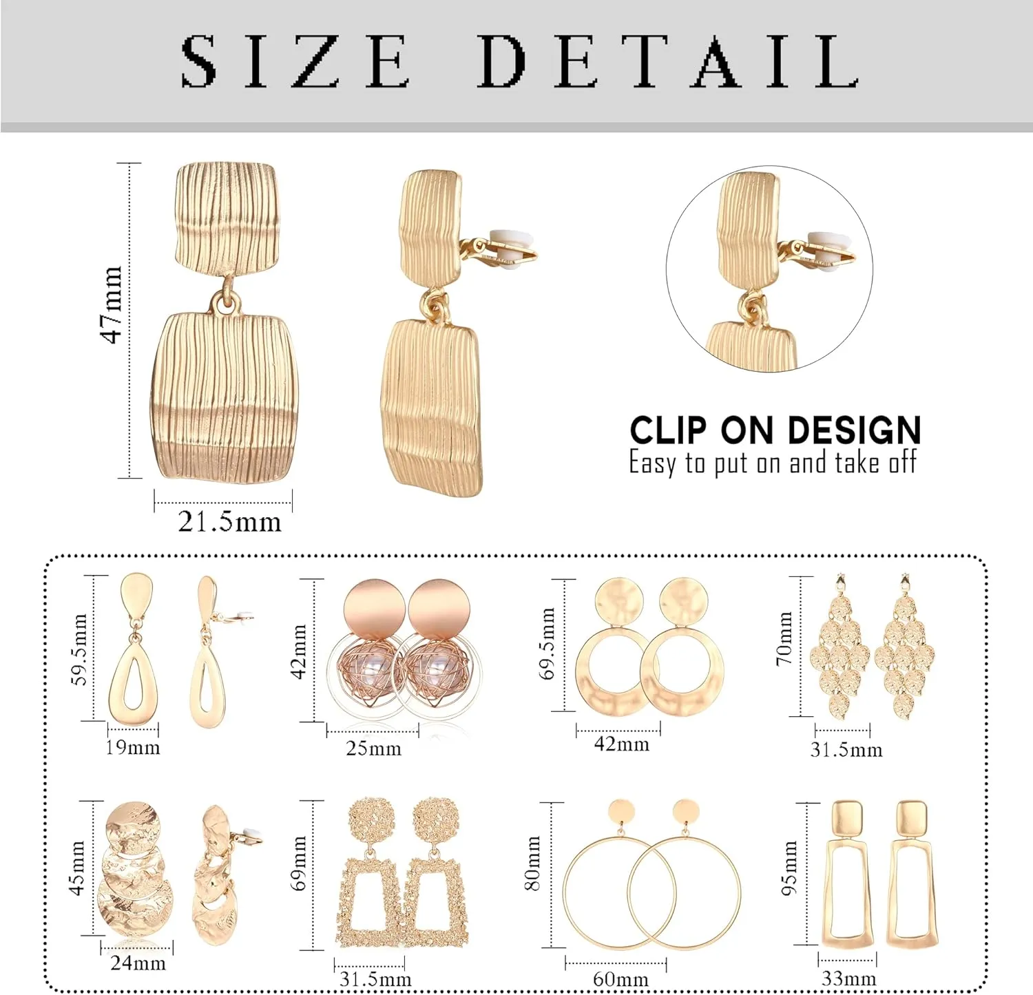 Subiceto 9 Pairs Gold Silver Clip on Earrings for Women Statement Clip On Earrings Large Gold Silver Geometric Clip Earrings Square Rectangle Round Clip Dangle Earrings Non Pierced Earrings Set