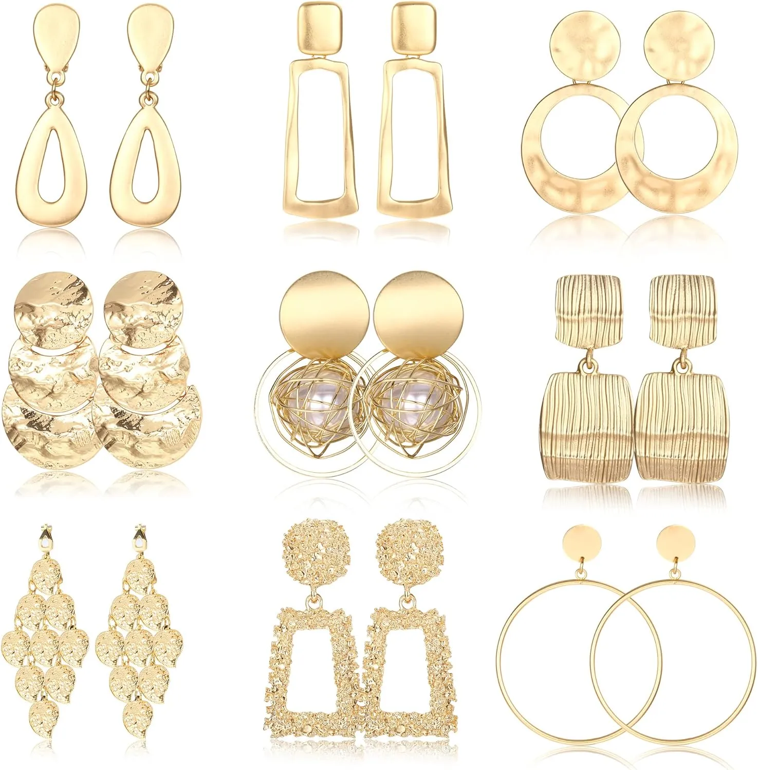 Subiceto 9 Pairs Gold Silver Clip on Earrings for Women Statement Clip On Earrings Large Gold Silver Geometric Clip Earrings Square Rectangle Round Clip Dangle Earrings Non Pierced Earrings Set