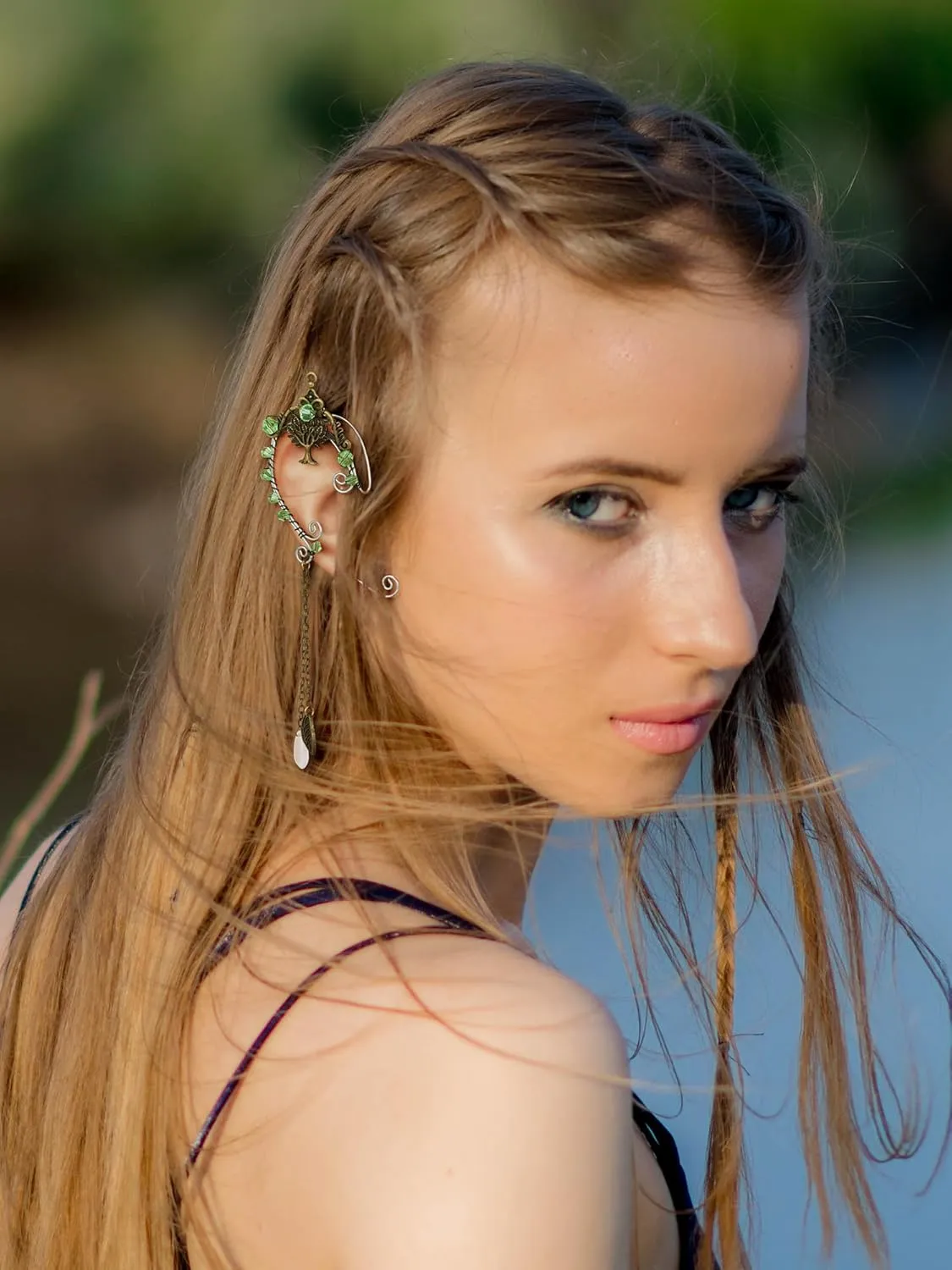 SWEETV Elf Ear Cuffs Wrap Clip-on Earrings Fairy Cuffs Drop Dangling Ear Clips Handmade Elven Cosplay Costume Non-Pierced Elves Ear Cuffs for Fantasy Halloween, Cosplay, Wedding