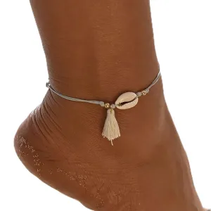 Tayel Boho Blue Shell Anklets Beach Tassel Beaded Woven Ankle Bracelets Foot Jewelry Adjustable for Women and Girls