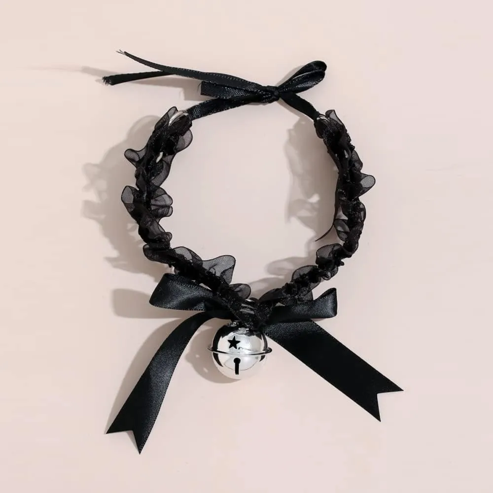 tenghong2021 2 Pcs Lace Bell Choker Necklaces Set Chiffon Lace Kitty Bow Collar Choker Necklace See-through Bell Pendant Necklace Sexy Accessories Lolita Style Cosplay for Girls Women