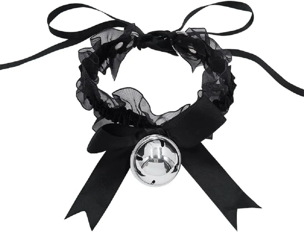 tenghong2021 2 Pcs Lace Bell Choker Necklaces Set Chiffon Lace Kitty Bow Collar Choker Necklace See-through Bell Pendant Necklace Sexy Accessories Lolita Style Cosplay for Girls Women