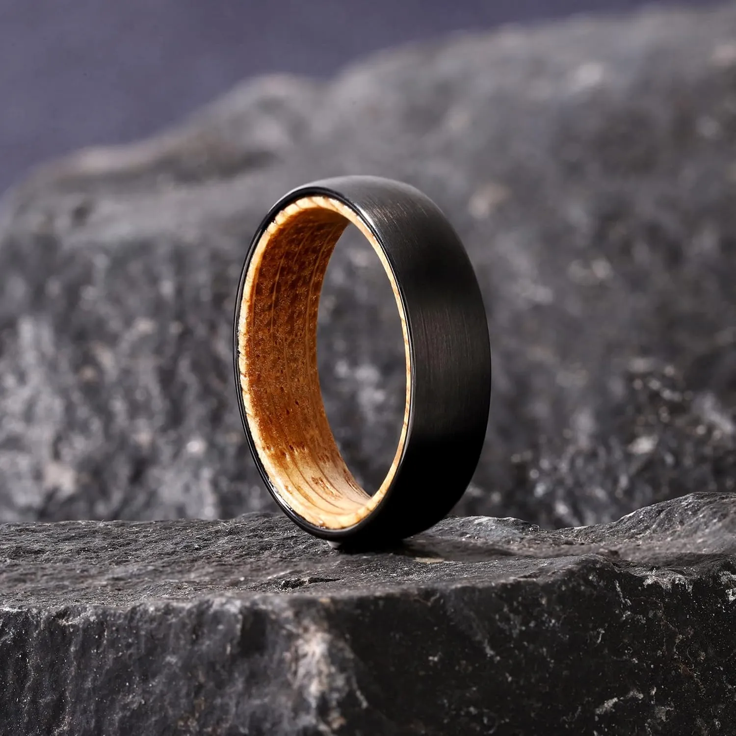 Tungsten Rings for Men Womens 8mm Black Silver Fashion Promise Wedding Band Carbide Inner Hole Inlaid Whiskey Barrel Wood Chamfer Frosted Matte Finish Edge Comfort Fit size 7-12