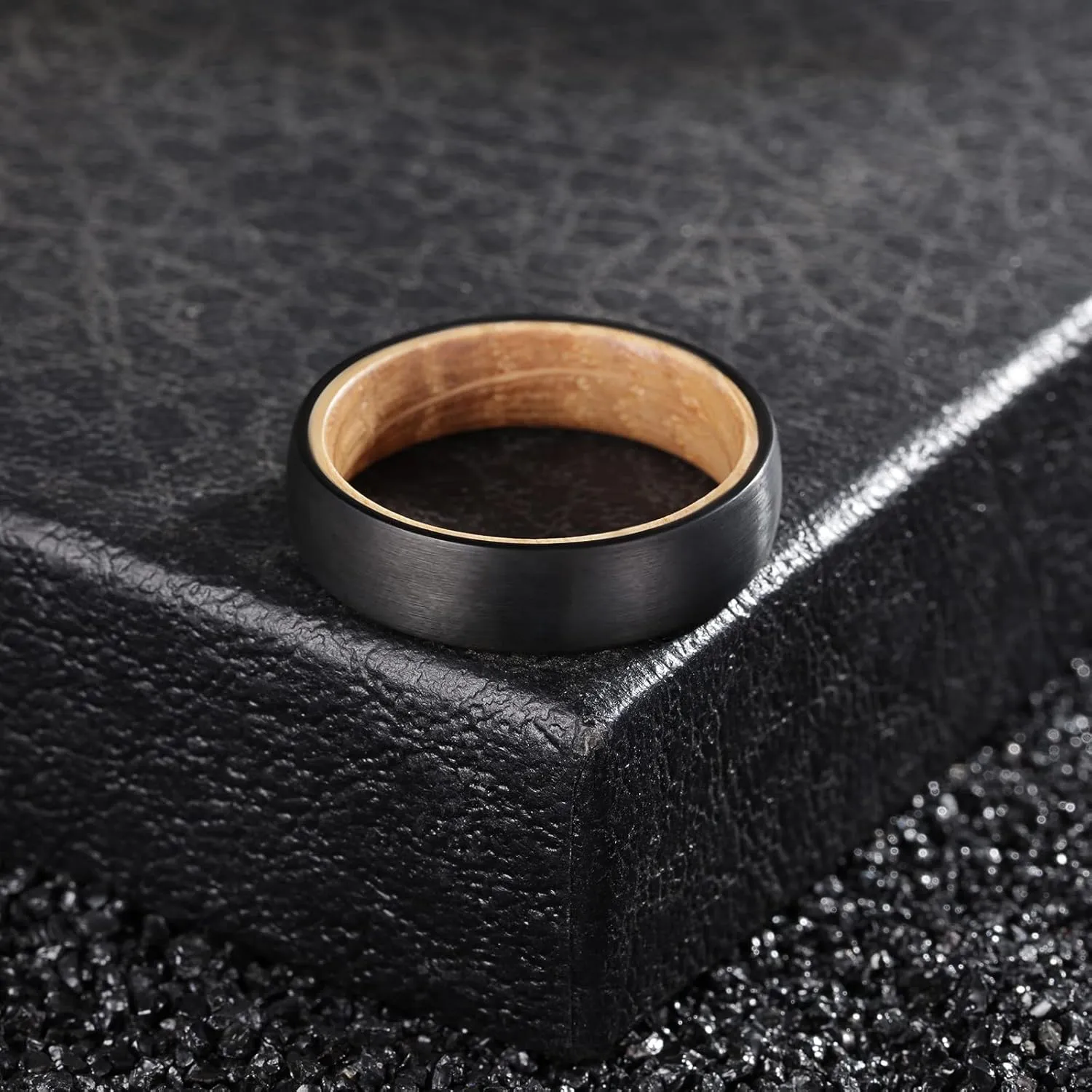 Tungsten Rings for Men Womens 8mm Black Silver Fashion Promise Wedding Band Carbide Inner Hole Inlaid Whiskey Barrel Wood Chamfer Frosted Matte Finish Edge Comfort Fit size 7-12