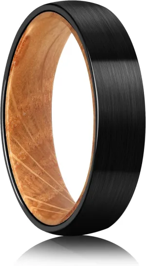 Tungsten Rings for Men Womens 8mm Black Silver Fashion Promise Wedding Band Carbide Inner Hole Inlaid Whiskey Barrel Wood Chamfer Frosted Matte Finish Edge Comfort Fit size 7-12