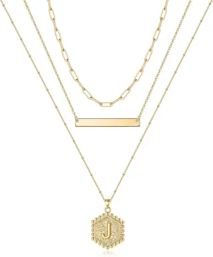 Turandoss Gold Layered Initial Necklaces for Women, 14K Gold Plated Bar Necklace Handmade Layering Hexagon Letter Pendant Beads Chain Necklace Layered Necklaces for Women Gold Jewelry Gifts