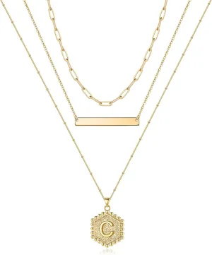 Turandoss Gold Layered Initial Necklaces for Women, 14K Gold Plated Bar Necklace Handmade Layering Hexagon Letter Pendant Beads Chain Necklace Layered Necklaces for Women Gold Jewelry Gifts