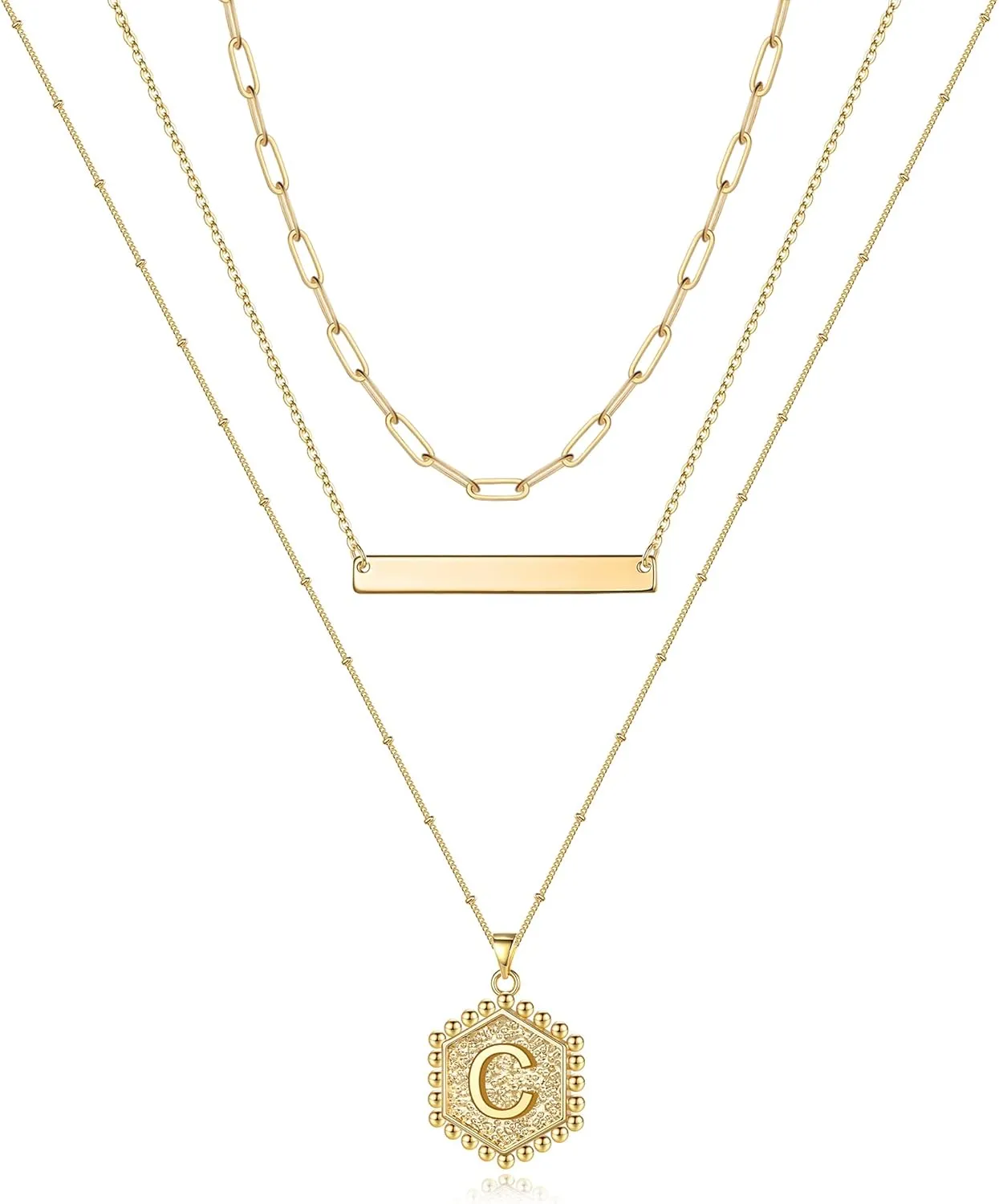 Turandoss Gold Layered Initial Necklaces for Women, 14K Gold Plated Bar Necklace Handmade Layering Hexagon Letter Pendant Beads Chain Necklace Layered Necklaces for Women Gold Jewelry Gifts