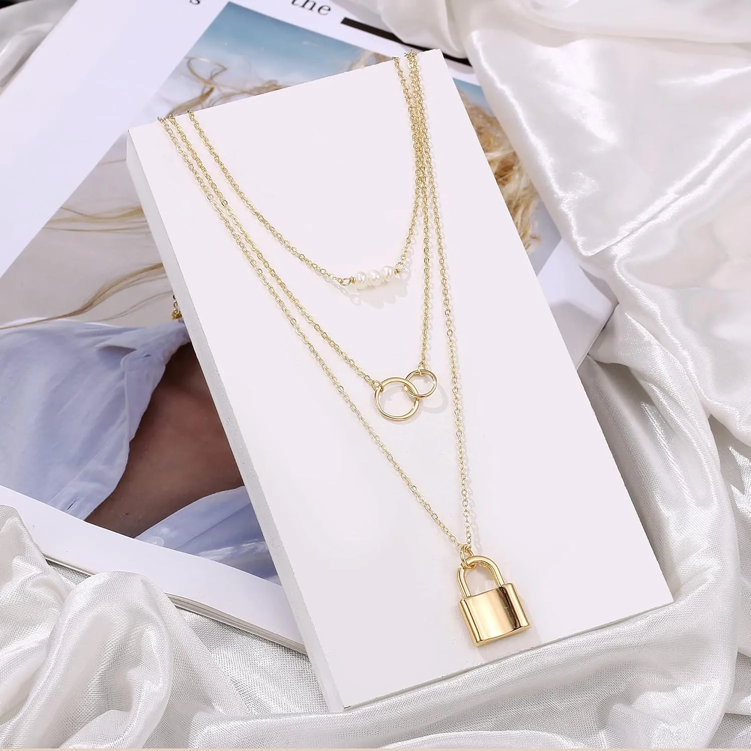 Turandoss Gold Layered Necklaces for Women - 14K Gold Plated Handmade Multilayer Bar Pearls Coin Disc Moon Butterfly Medallion Adjustable Dainty Layered Choker Necklaces for Women Jewelry