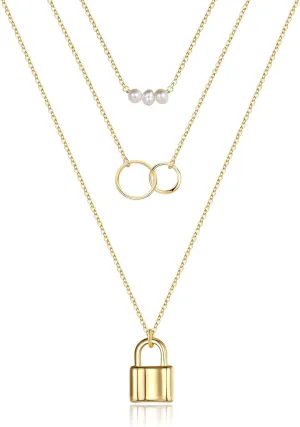 Turandoss Gold Layered Necklaces for Women - 14K Gold Plated Handmade Multilayer Bar Pearls Coin Disc Moon Butterfly Medallion Adjustable Dainty Layered Choker Necklaces for Women Jewelry
