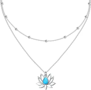 Turquoise Lotus Layered Necklaces for Women 925 Sterling Silver Lotus Flower Choker Adjustable Pendant Necklaces Birthday Jewelry for Women