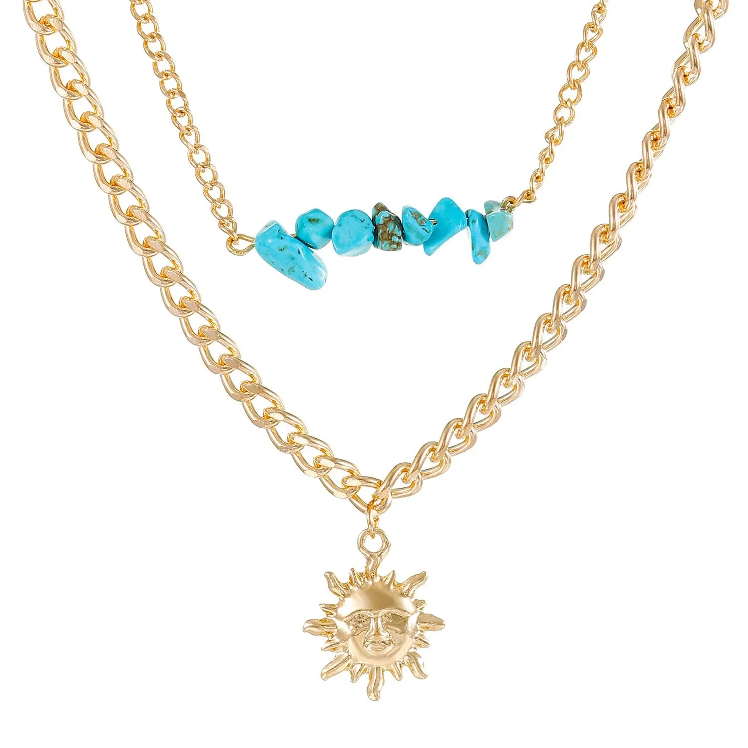 Turquoise Necklace, Layered Necklaces for Women, Gold Sun Necklace for Boho Jewelry, December Birthstone Necklace for Turquoise Jewelry