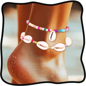 Urieo Boho Anklet Bracelet Colorful Seashell Layered Anklets Beads Adjustable Beach Foot Chains Jewelry for WomenPack of 2
