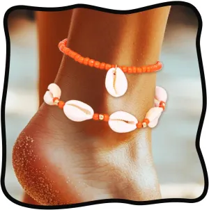 Urieo Women Boho Anklet Bracelets Shell Orange Anklets Beaded Layered Beach Foot Chain Jewelry Pack of 2
