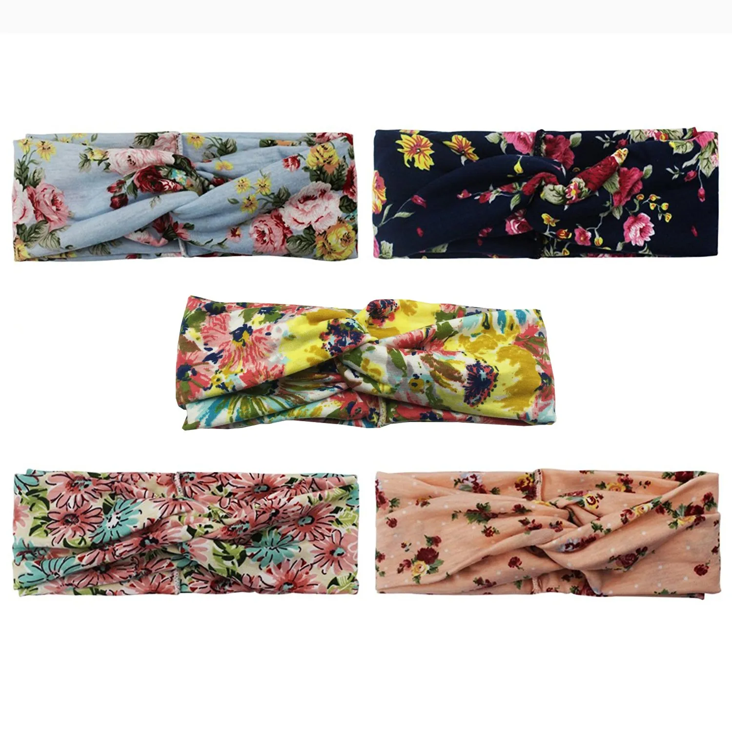 Vintage Elastic Printed Headwraps, 5 Pack Women Headband Boho Floal Style Criss Cross Head Wrap Hair Band F