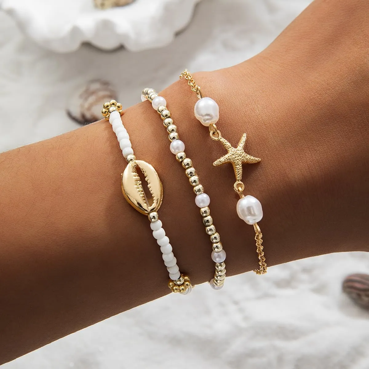 Vivian&CD Boho Shell Anklets Bracelet for Women Waterproof, Gold Layered Seashell Starfish Puka Shell Anklet, Adjustable Colorful Beaded Stack Stretch Bead Bracelet Set, Fashion Beach Foot Jewelry for Hawaii Summer Vacation