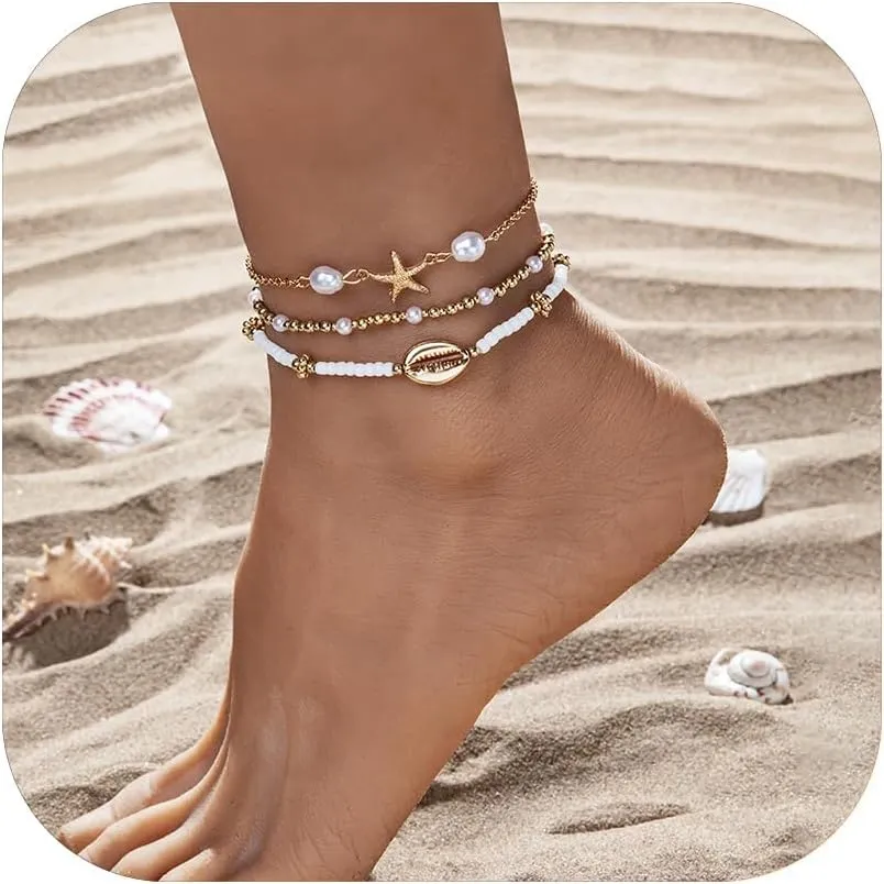 Vivian&CD Boho Shell Anklets Bracelet for Women Waterproof, Gold Layered Seashell Starfish Puka Shell Anklet, Adjustable Colorful Beaded Stack Stretch Bead Bracelet Set, Fashion Beach Foot Jewelry for Hawaii Summer Vacation