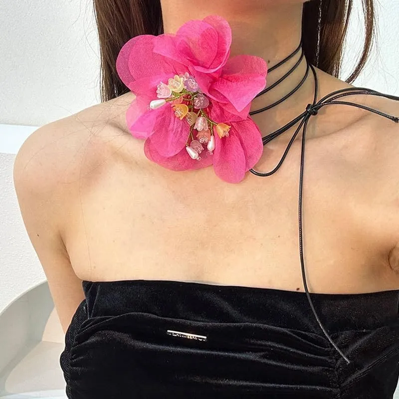 Women Flower Choker Handmade Adjustable Bohemian Floral Collar Choker Necklace