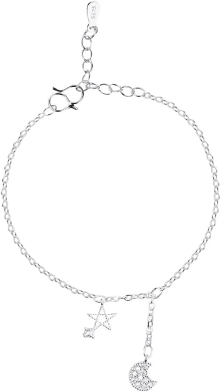 Womens Moon Anklet, Beach Anklet Sterling Silver Chain with Star Silver Foot Jewelry Summer 10Inch(25cm)