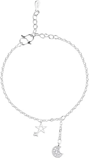 Womens Moon Anklet, Beach Anklet Sterling Silver Chain with Star Silver Foot Jewelry Summer 10Inch(25cm)
