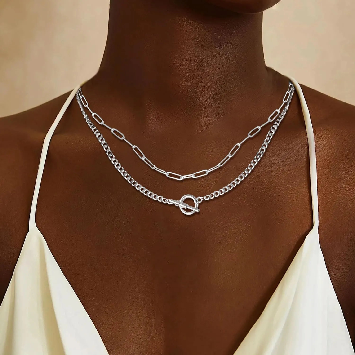 YANCHUN Layered Silver Necklaces for Women Trendy Dainty Silver Necklace Set Silver Paperclip Chain Necklace Women Ot Clasp Pendant Necklace