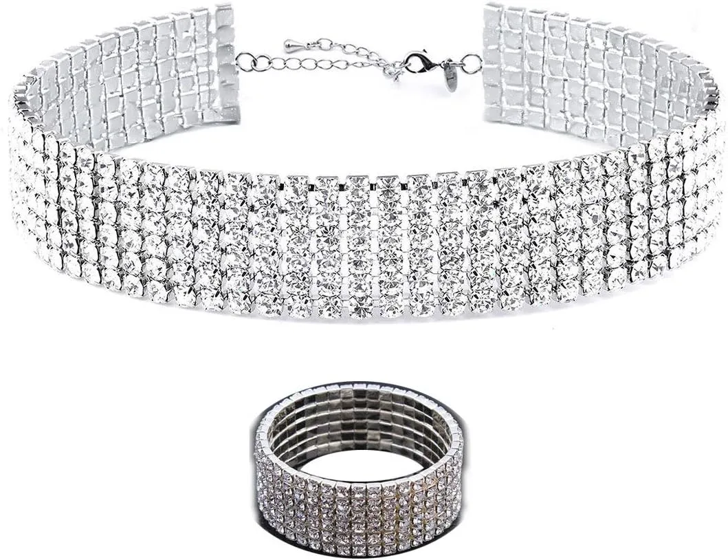 Zealmer 18K Gold Plated 1-6 Rows Rhinestone Choker Necklace & Bracelets Set Bridal Jewelry