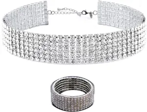 Zealmer 18K Gold Plated 1-6 Rows Rhinestone Choker Necklace & Bracelets Set Bridal Jewelry