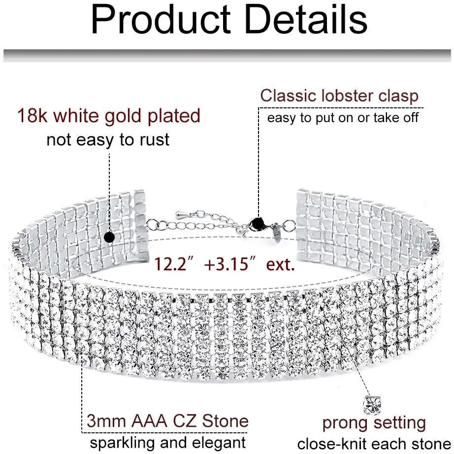 Zealmer 18K Gold Plated 1-6 Rows Rhinestone Choker Necklace & Bracelets Set Bridal Jewelry