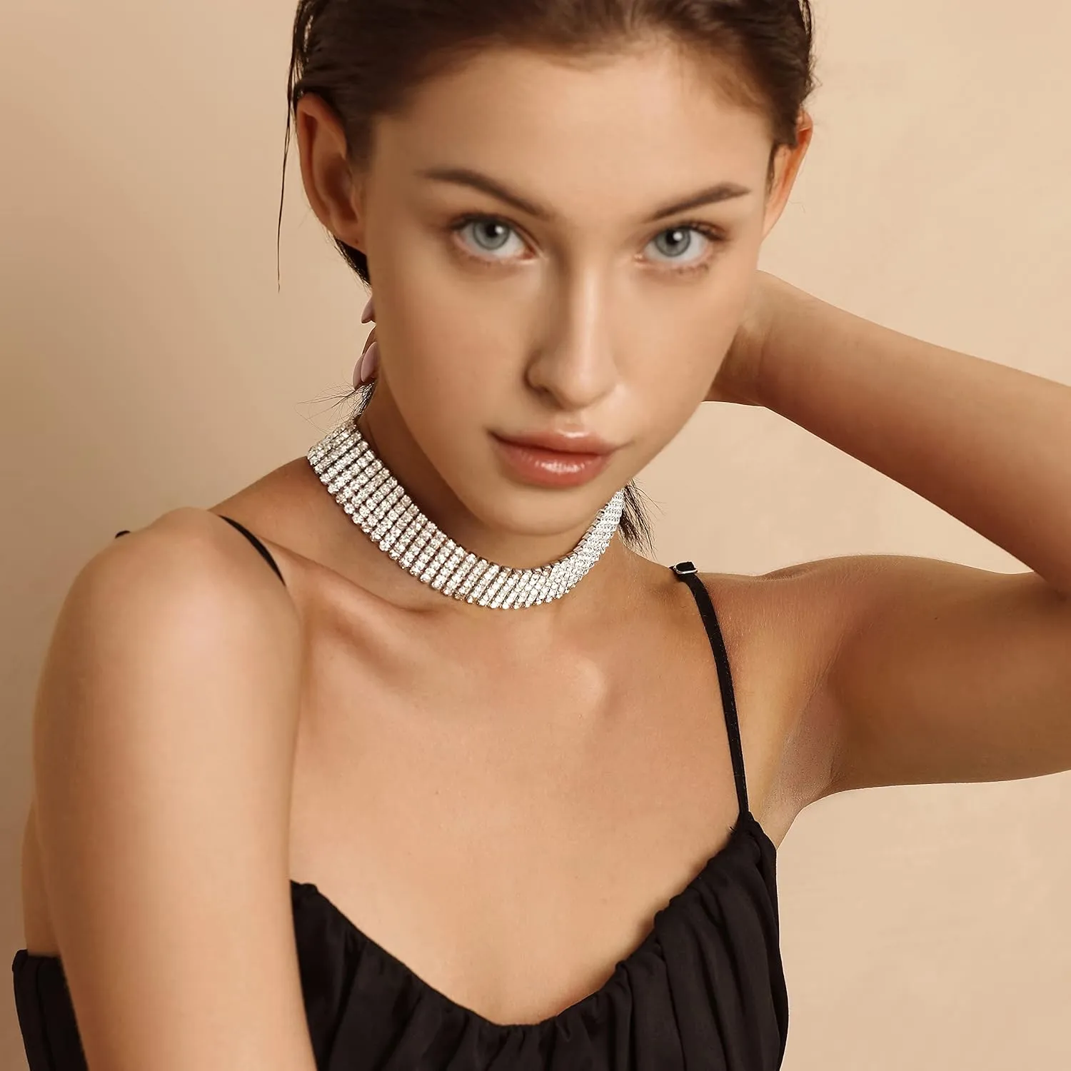 Zealmer 18K Gold Plated 1-6 Rows Rhinestone Choker Necklace & Bracelets Set Bridal Jewelry