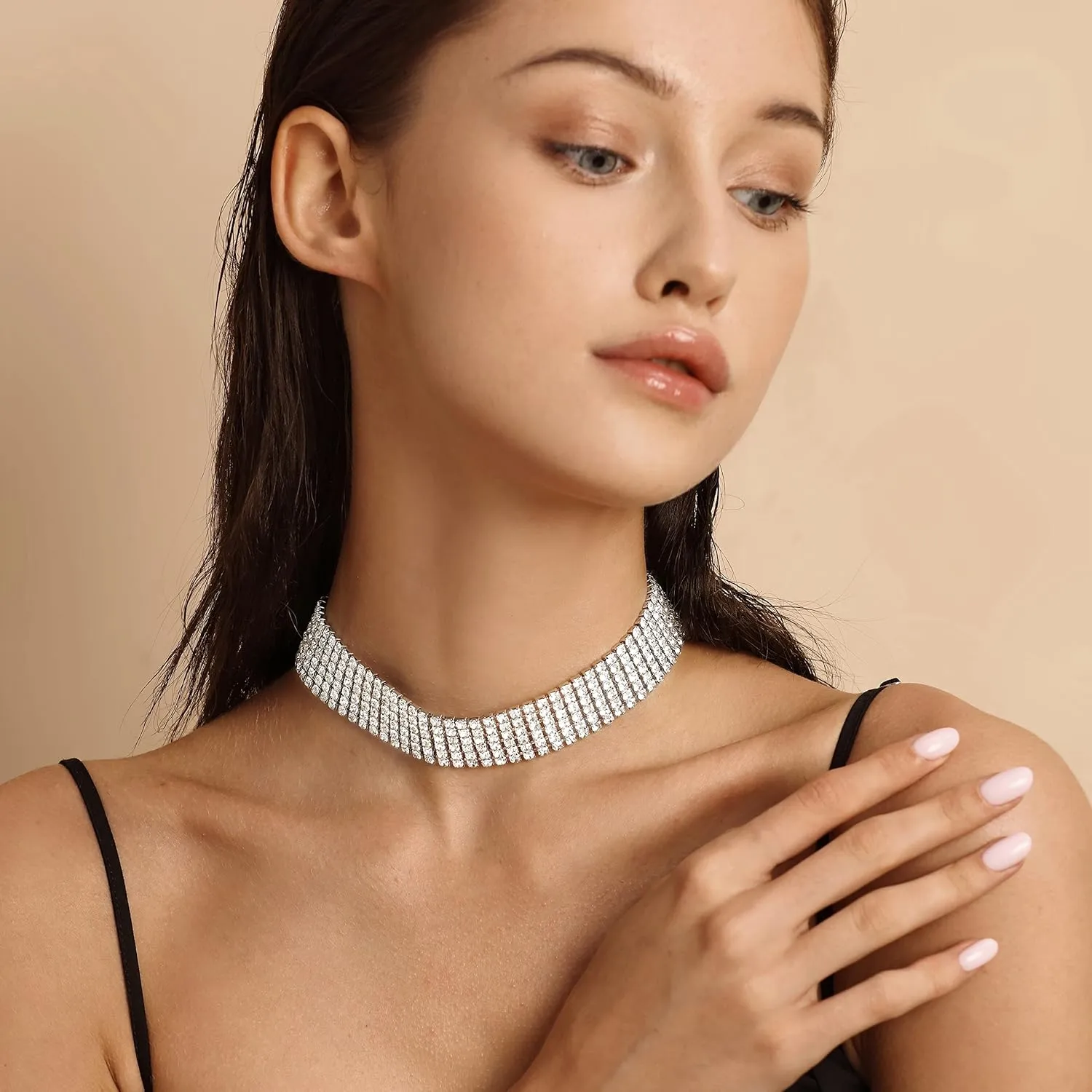 Zealmer 18K Gold Plated 1-6 Rows Rhinestone Choker Necklace & Bracelets Set Bridal Jewelry