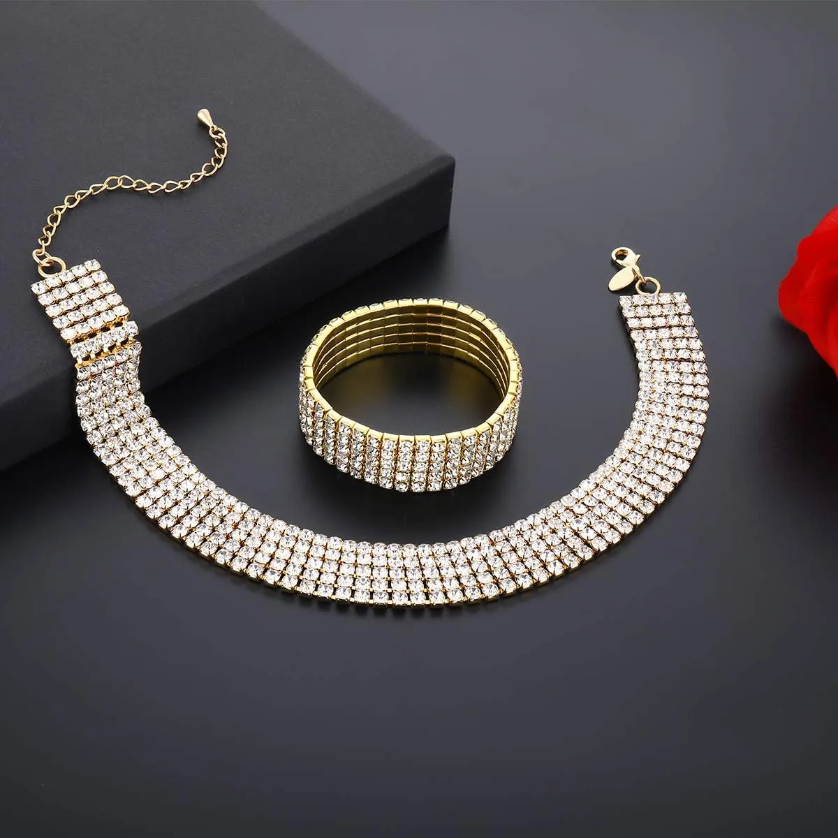 Zealmer 18K Yellow Gold Plated 1-5 Rows Rhinestone Choker Necklace & Stretch Bracelets Set Wedding Jewelry