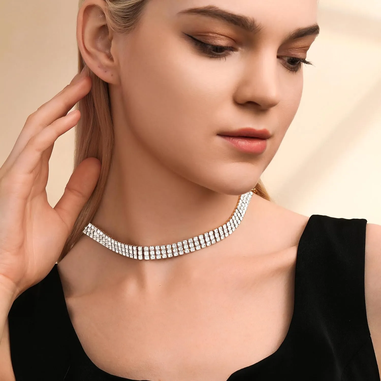 Zealmer 3 Row Rhinestone Choker Necklace for Women 18K Gold Plated