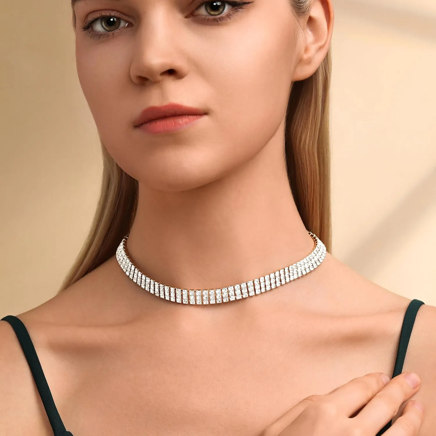 Zealmer 3 Row Rhinestone Choker Necklace for Women 18K Gold Plated