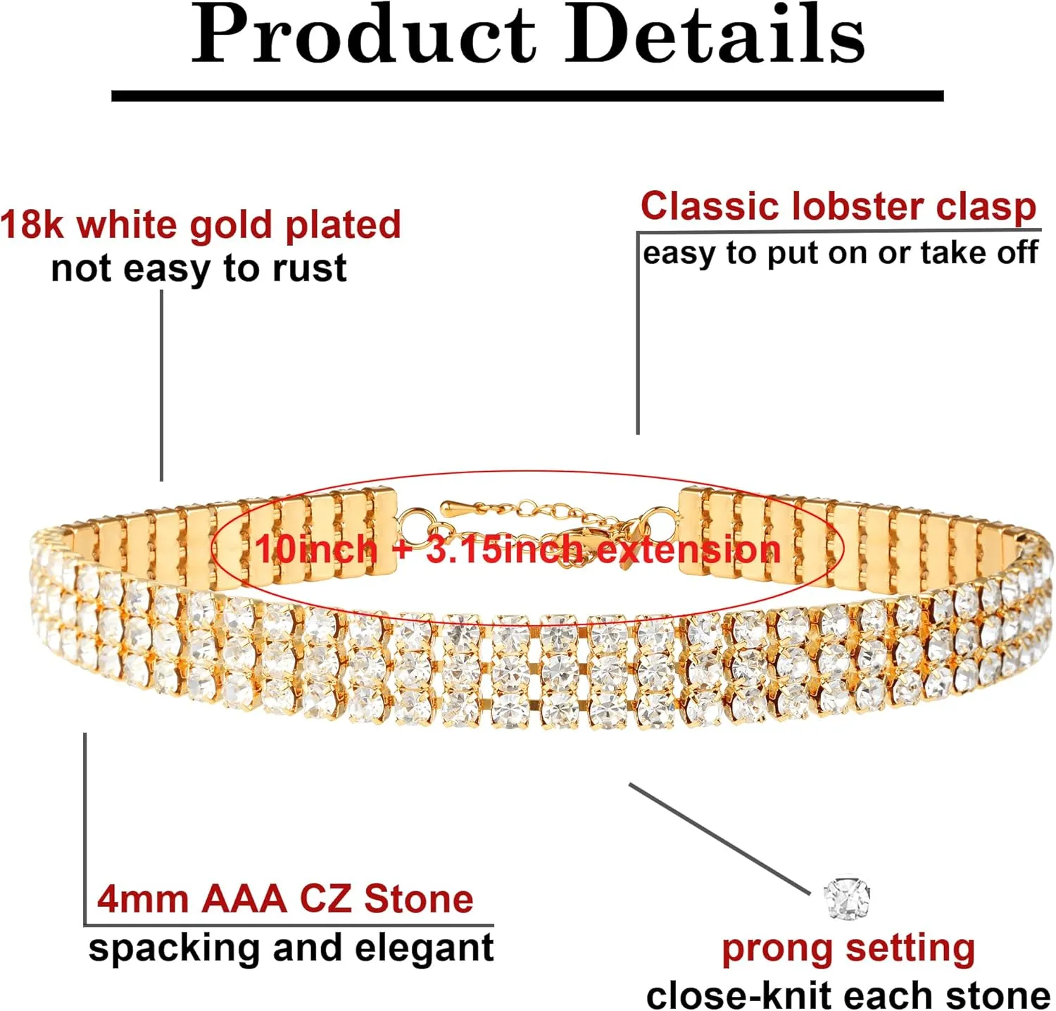 Zealmer 3 Row Rhinestone Choker Necklace for Women 18K Gold Plated
