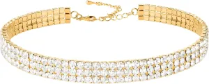 Zealmer 3 Row Rhinestone Choker Necklace for Women 18K Gold Plated