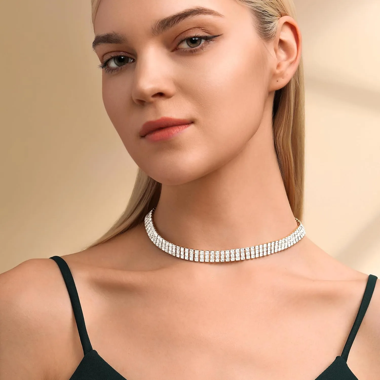 Zealmer 3 Row Rhinestone Choker Necklace for Women 18K Gold Plated