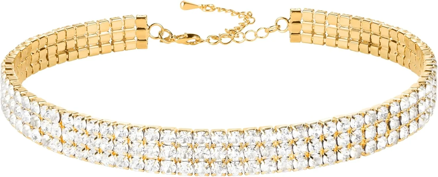 Zealmer 3 Row Rhinestone Choker Necklace for Women 18K Gold Plated