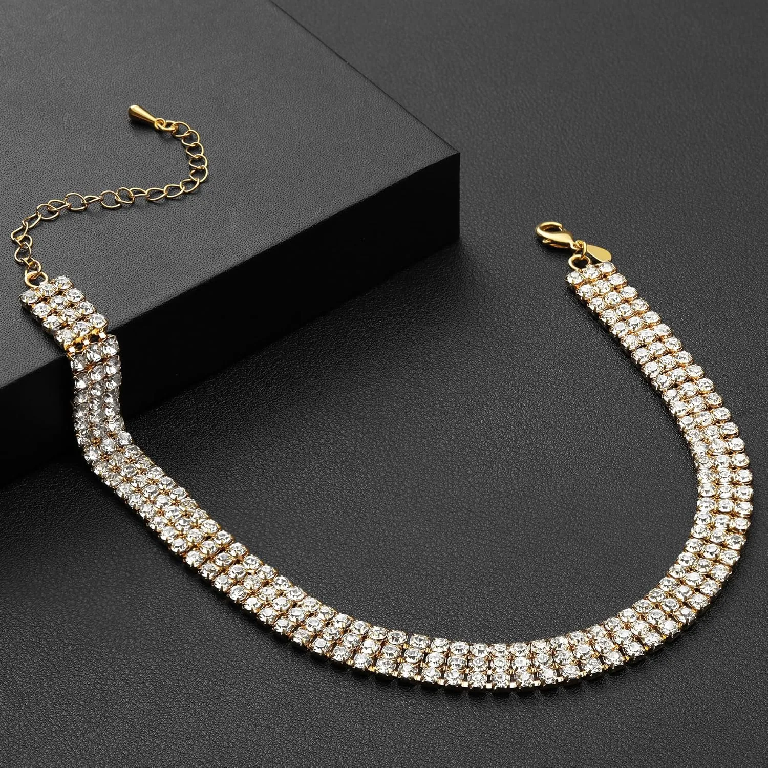 Zealmer 3 Row Rhinestone Choker Necklace for Women 18K Gold Plated