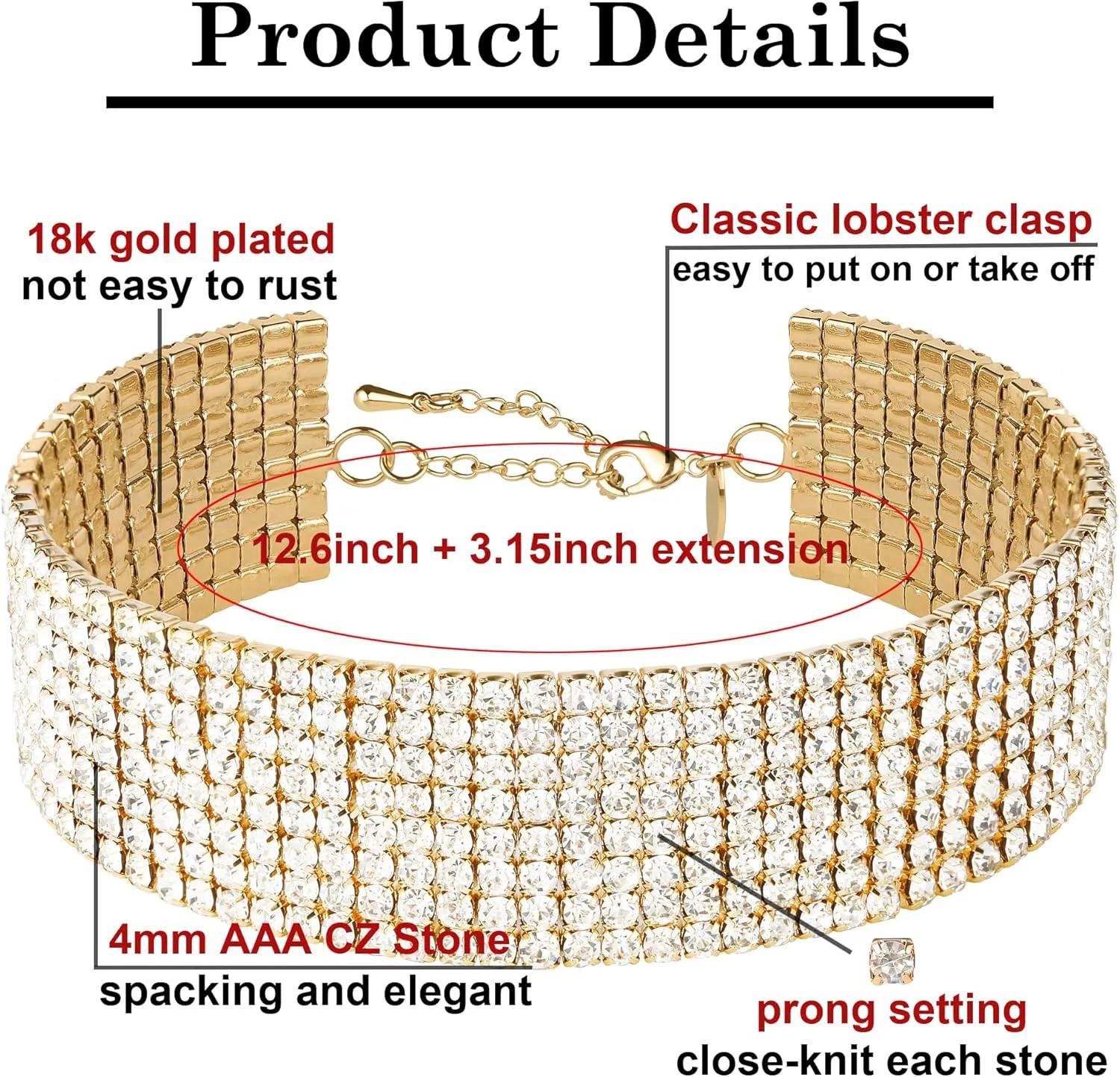 Zealmer Rhinestone Choker Necklaces Silver Sparkling Diamond Choker Crystal Rhinestone Glitter Necklace Gold Plated Jewelry Gifts for Women Bridal Wedding Bridesmaid
