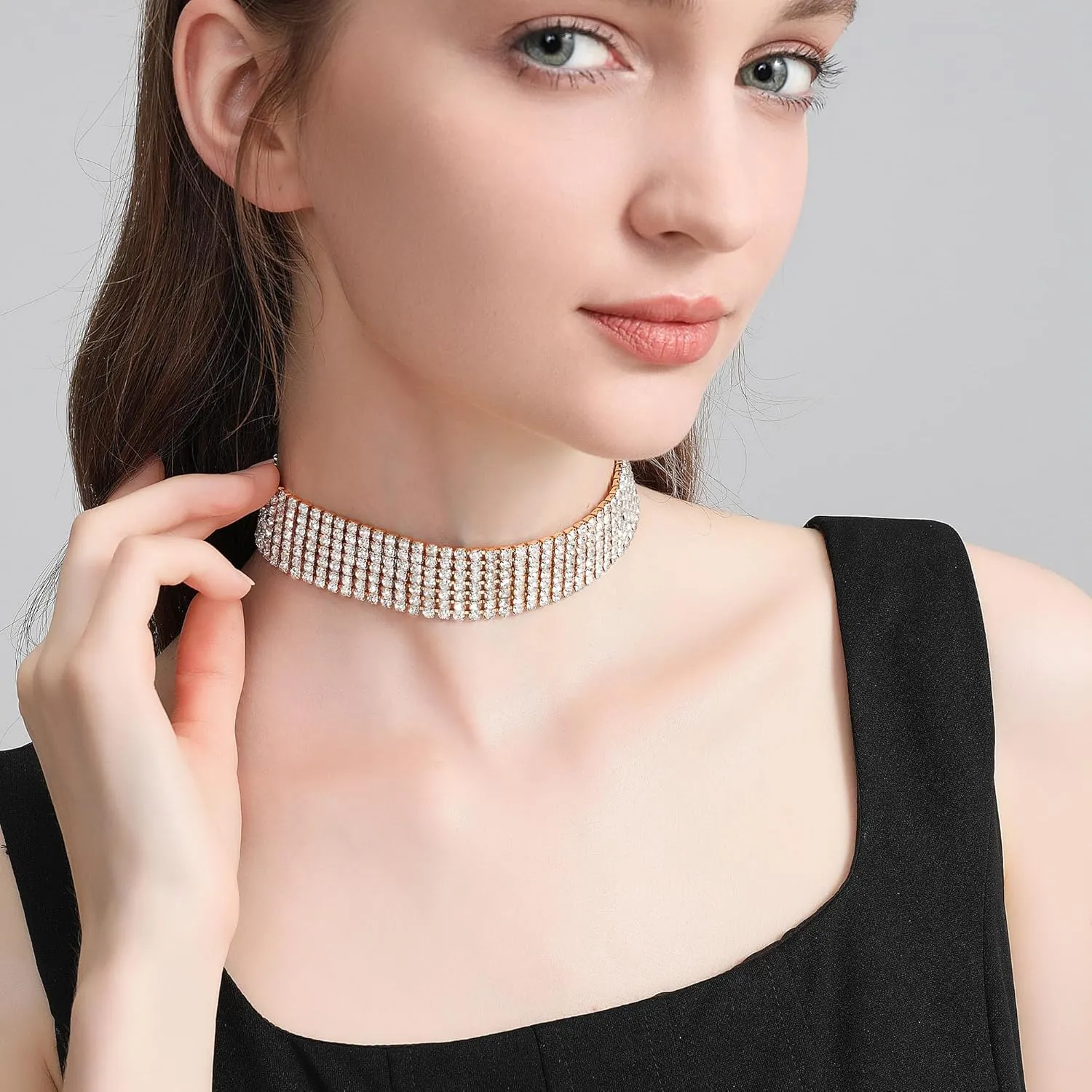 Zealmer Rhinestone Choker Necklaces Silver Sparkling Diamond Choker Crystal Rhinestone Glitter Necklace Gold Plated Jewelry Gifts for Women Bridal Wedding Bridesmaid