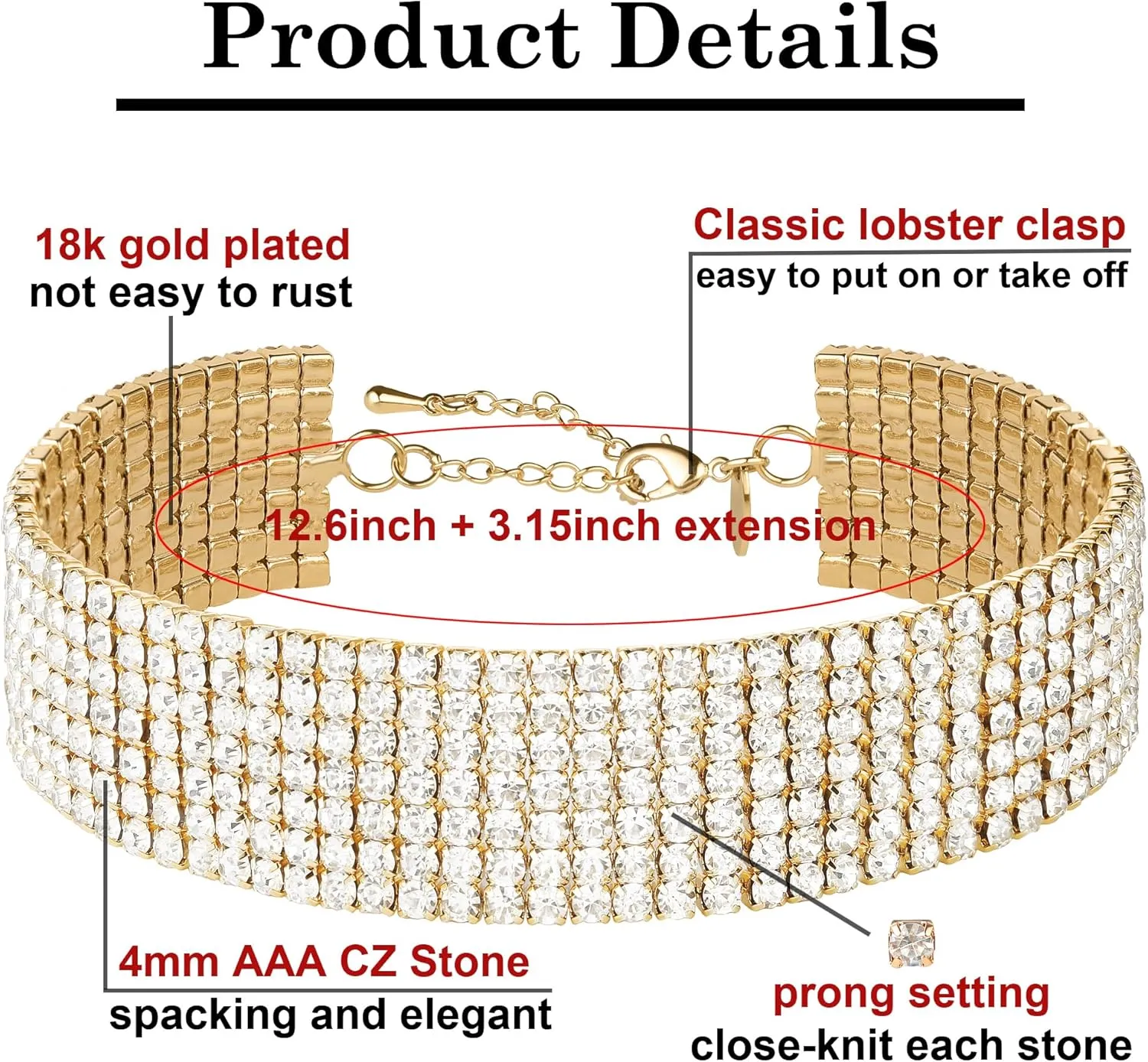 Zealmer Rhinestone Choker Necklaces Silver Sparkling Diamond Choker Crystal Rhinestone Glitter Necklace Gold Plated Jewelry Gifts for Women Bridal Wedding Bridesmaid