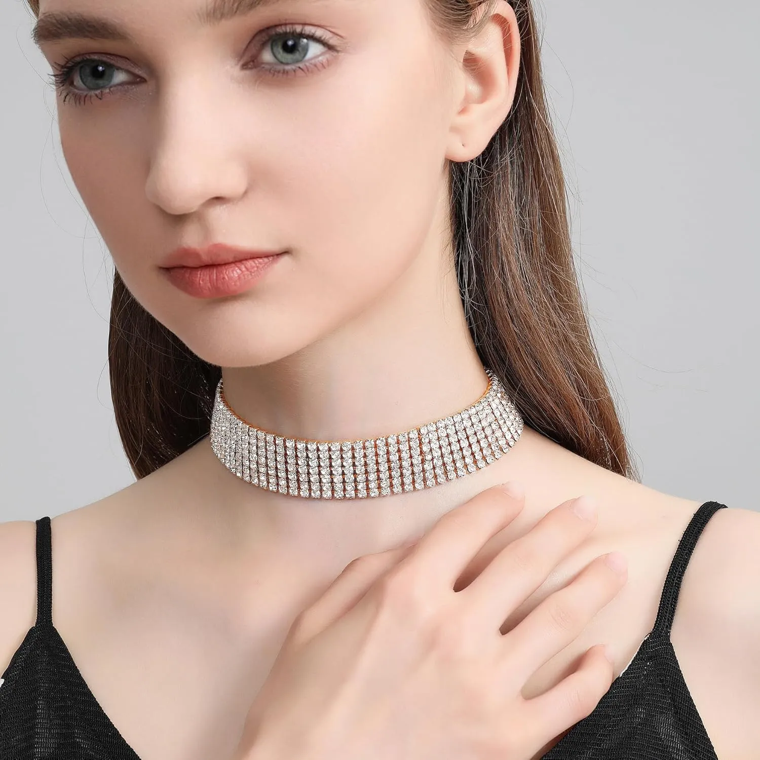 Zealmer Rhinestone Choker Necklaces Silver Sparkling Diamond Choker Crystal Rhinestone Glitter Necklace Gold Plated Jewelry Gifts for Women Bridal Wedding Bridesmaid