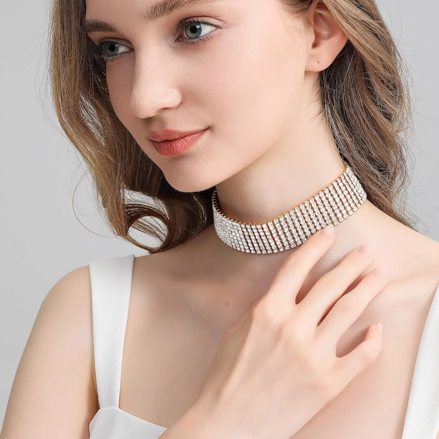 Zealmer Rhinestone Choker Necklaces Silver Sparkling Diamond Choker Crystal Rhinestone Glitter Necklace Gold Plated Jewelry Gifts for Women Bridal Wedding Bridesmaid
