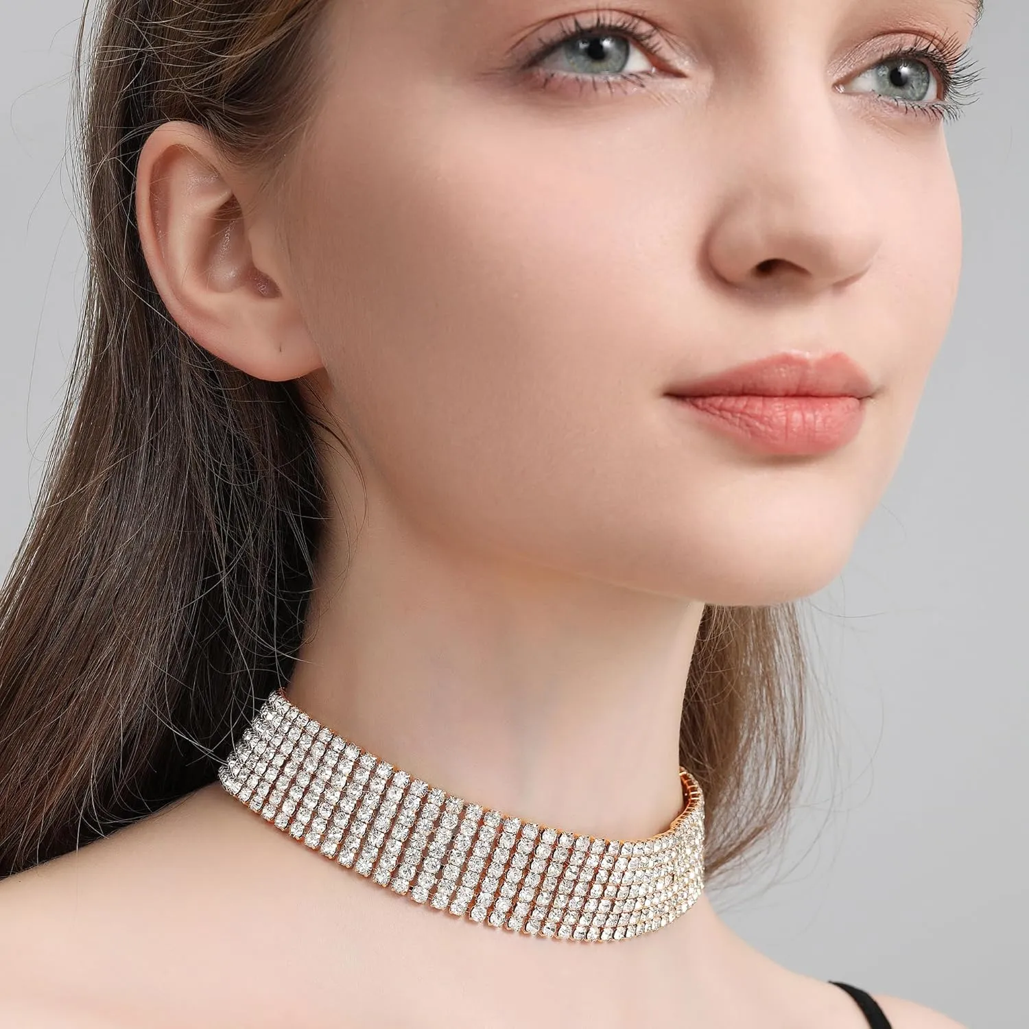 Zealmer Rhinestone Choker Necklaces Silver Sparkling Diamond Choker Crystal Rhinestone Glitter Necklace Gold Plated Jewelry Gifts for Women Bridal Wedding Bridesmaid