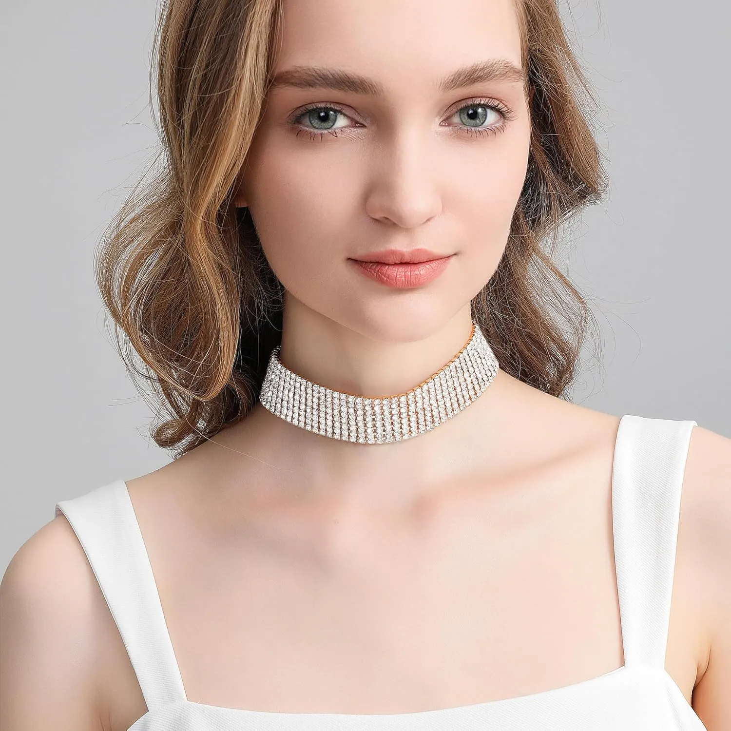 Zealmer Rhinestone Choker Necklaces Silver Sparkling Diamond Choker Crystal Rhinestone Glitter Necklace Gold Plated Jewelry Gifts for Women Bridal Wedding Bridesmaid