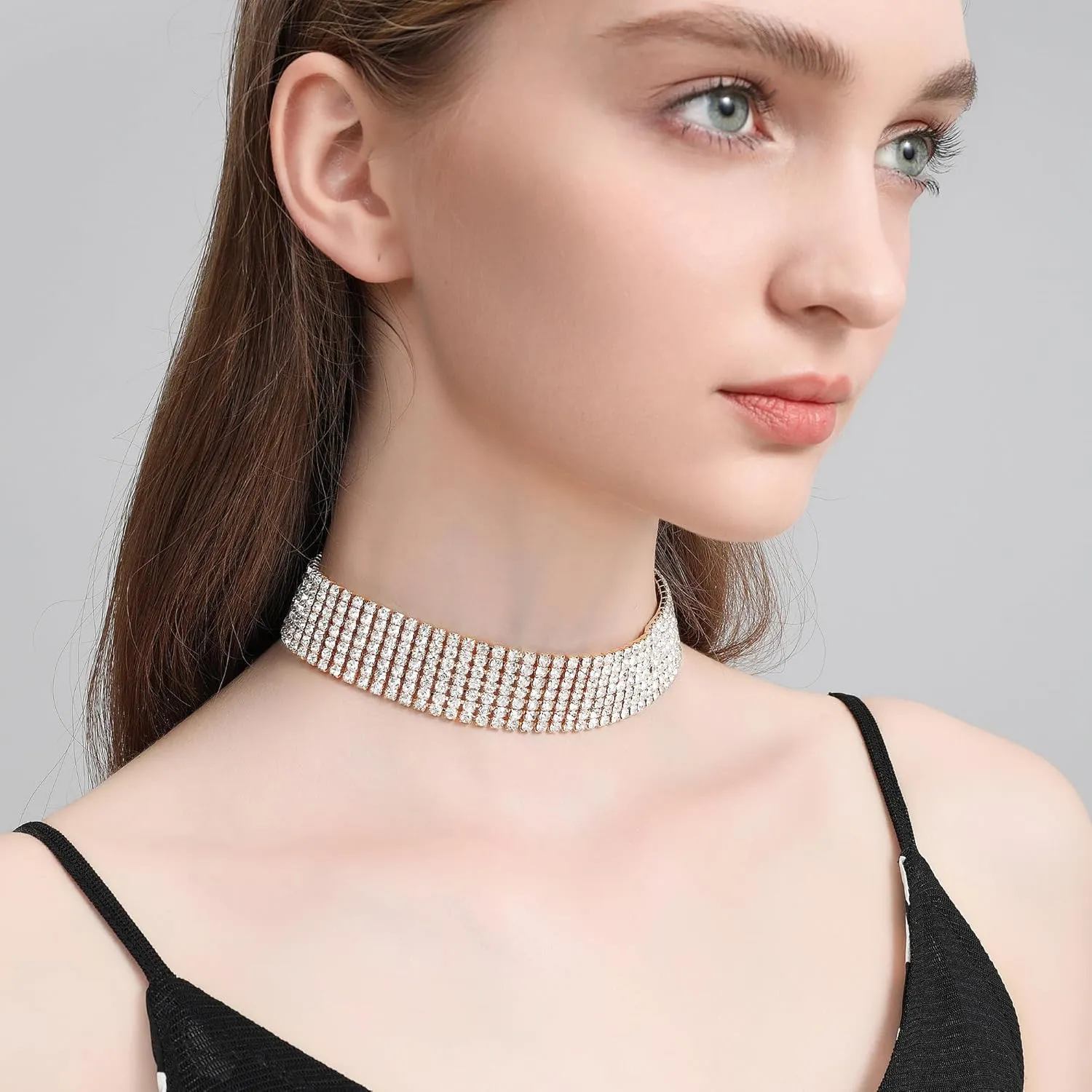 Zealmer Rhinestone Choker Necklaces Silver Sparkling Diamond Choker Crystal Rhinestone Glitter Necklace Gold Plated Jewelry Gifts for Women Bridal Wedding Bridesmaid