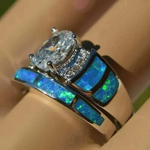 ZnranyiiXY 2pcs/set Silver Plated Rings for Women White glass Jewelry Sz 6-10 Simulated